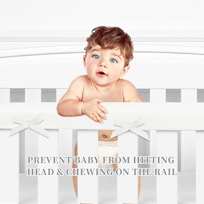 3 in 1 Crib Rail Covers for Teething,Soft Breathable Anti-Collision Crib Teething Rail Cover Edge Protector Strip(2025 New) (4pc-White)