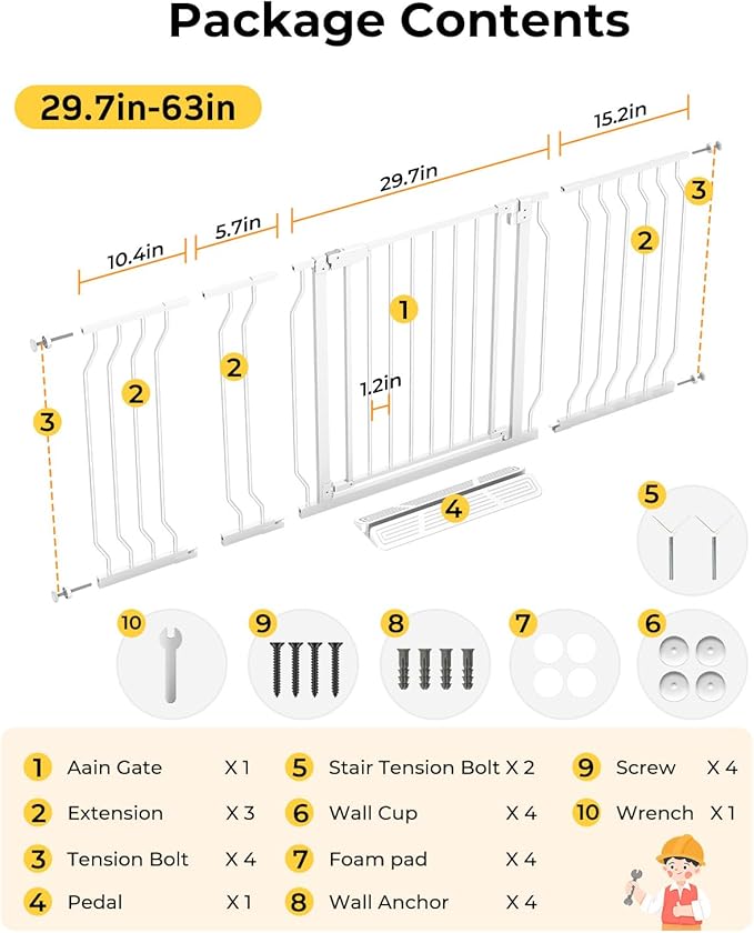 30"-63″ Extra Wide Baby Gate, 30.5" Tall, Includes 3 Extensions, Pressure Mount for Kitchens, Stairs, and Doorways