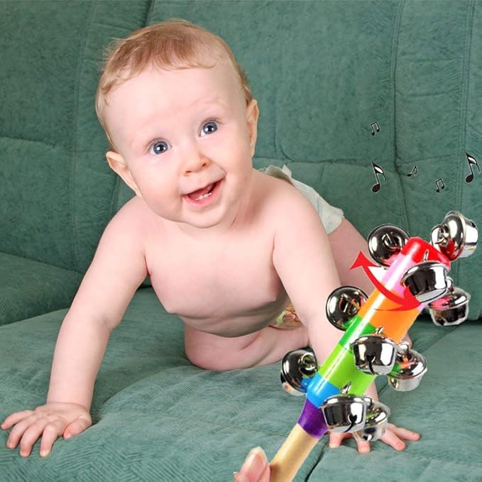 6Pcs Wooden Jingle Hand Bells,Rainbow Handle Wooden Bells Jingle Stick Shaker Rattle Baby Kids Children Musical Toys