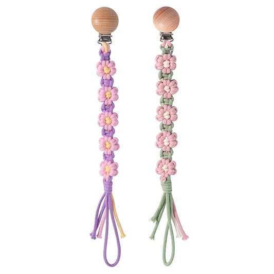 Pacifier Clip for Boys Girls Floral Daisy Macrame Paci Clip Pacifier Holder Leash Boho Wooden Clips Handmade Braided Cotton Unisex Baby Shower Birthday Gift