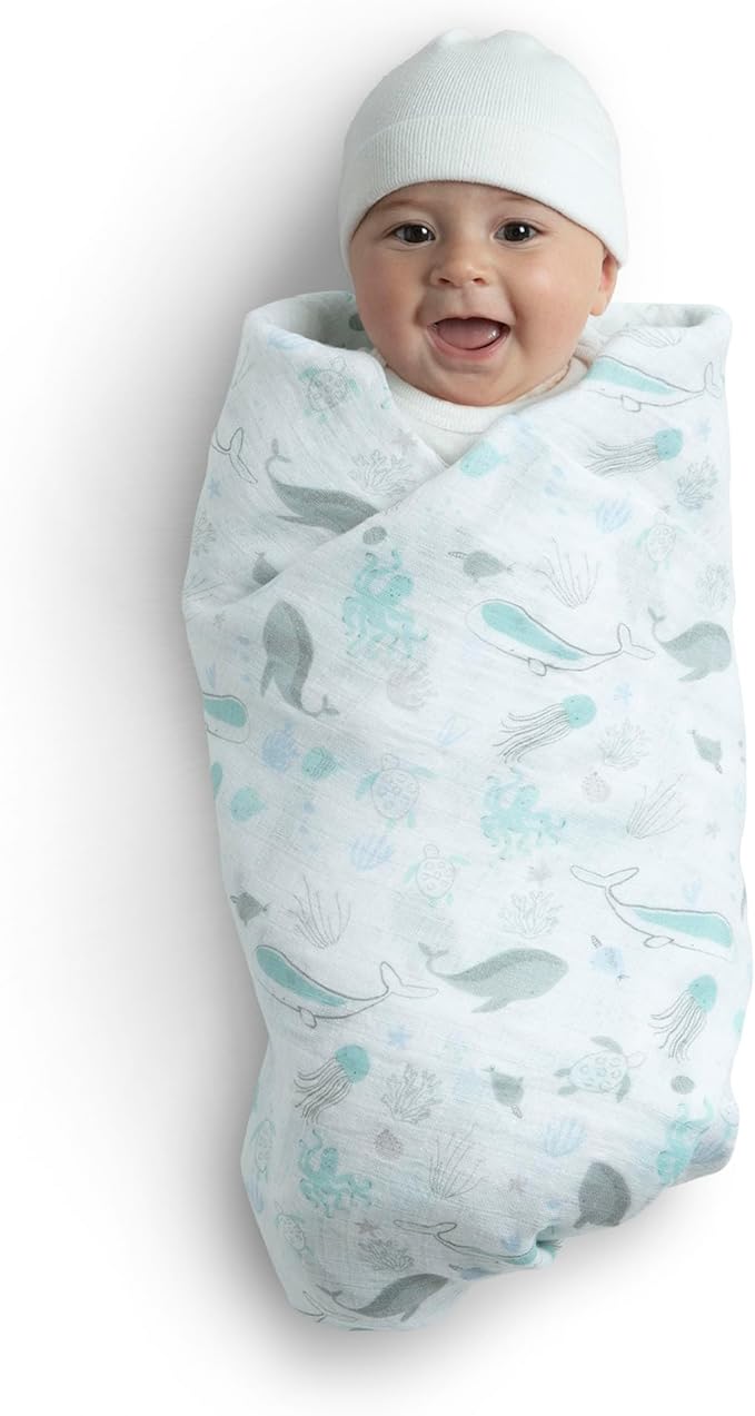 Delta Children 100% Cotton Muslin Baby Receiving Blankets for Girls and Boys – 47x47 Inches (Pack of 4), Sea Life