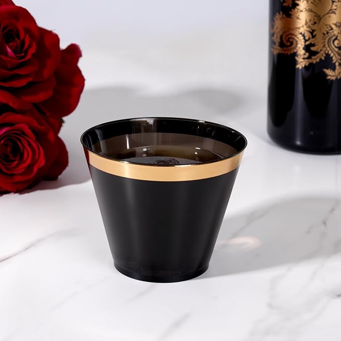 supernal 100 Pcs 9 oz Gold and Black Plastic Cups,Gold Rimmed Disposable Cups,Disposable Party Cup party,Plastic Cocktail Cups for Weddings, Birthdays & Festive Celebrations