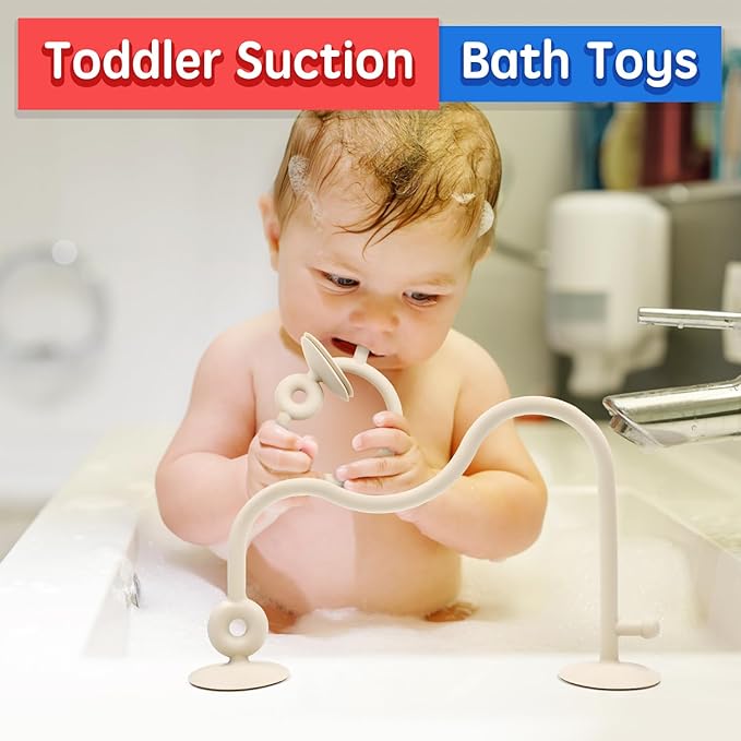 Baby Sensory Teething Chew High Chair Suction Toys for Infant Toddlers 6 12 18 24 Months, Food Grade Silicone Teether with Oak Loop Montessori Educational Baby Bath Toy Gifts (Beige)