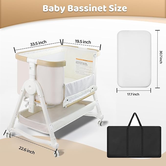 4 in 1 Baby Bassinet, Bassinet Bedside Sleeper with Wheels and Storage Basket, Adjustable 7 Heights Bedside Sleeper with Musquito Net, Breathable Mesh Rocking Bassinet for Baby/Newborn (Beige)