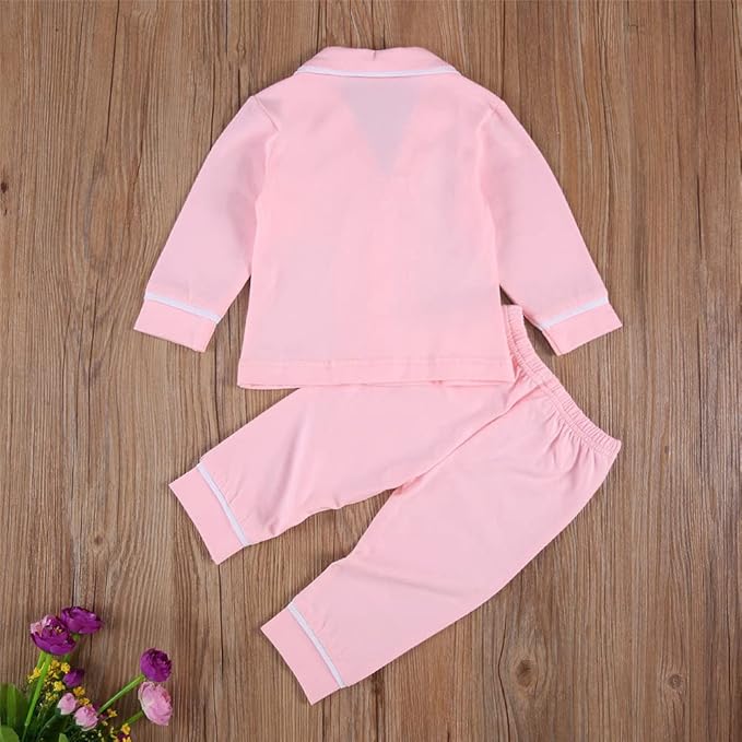 Toddler Kids Baby Girl Solid Pjs Ruffle Long Sleeve Button Shirt Top and Pants Cotton 2Piece Pajamas Set