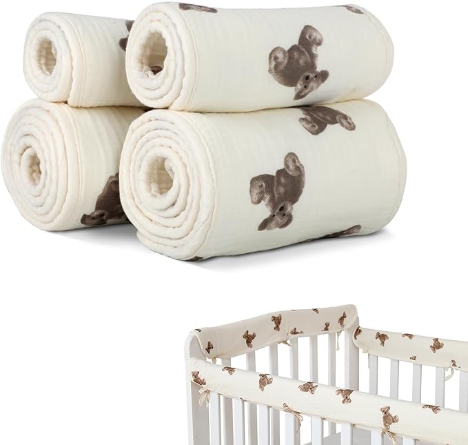 SZRUNZHU4pcs New Teething Edge Crib Rail Cover&Corner Guard Coverage Straps,Reversible Guardrail Cover Protector for Boys Girls (2 Long 2 Short Bear)