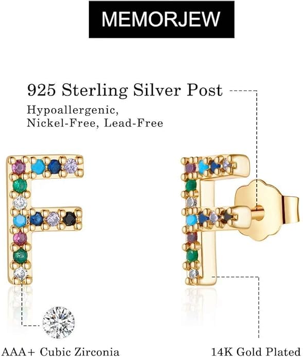 Memorjew Initial Stud Earrings for Women, Hypoallergenic 925 Sterling Silver Post Rainbow Cubic Zirconia Gold Plated 26 Initial Earrings for Women Jewelry Gifts