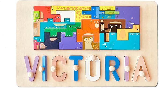 Name Puzzle for Kids Personalized, First Birthday for Baby Boy Girl, Wooden Name Puzzles for Toddlers 1-3, Educational Toys for 1 Year Old (Cute Animal)