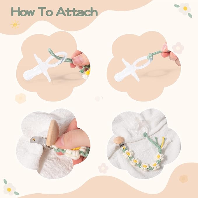 Pacifier Clip for Boys Girls Floral Daisy Macrame Paci Clip Pacifier Holder Leash Boho Wooden Clips Handmade Braided Cotton Unisex Baby Shower Birthday Gift