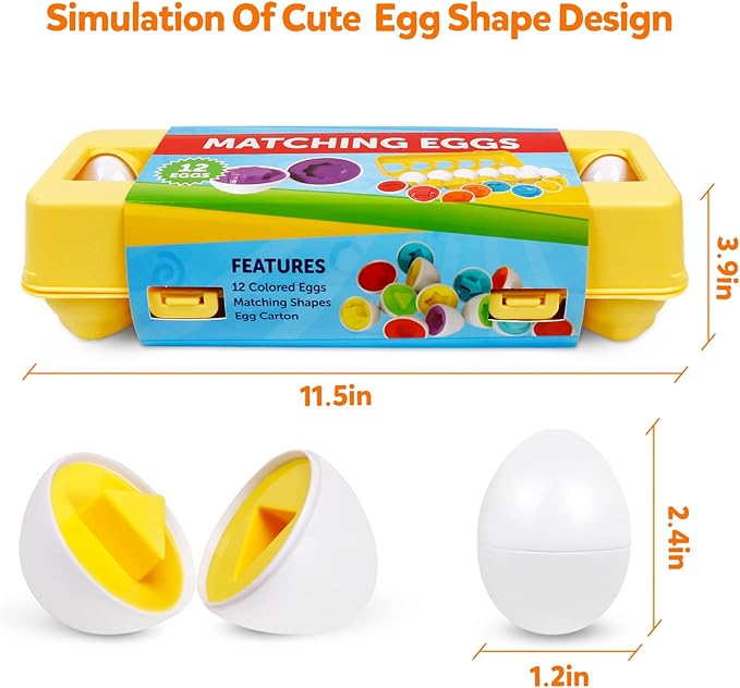 Montessori Geometric Eggs,12 pcs Set Color & Shape Egg Puzzle Toys Matching Eggs for Toddlers,Preschool Educational Sorting Game Fine Motor Toy Gifts for 1 2 3 Years Old Kids Boys Girls