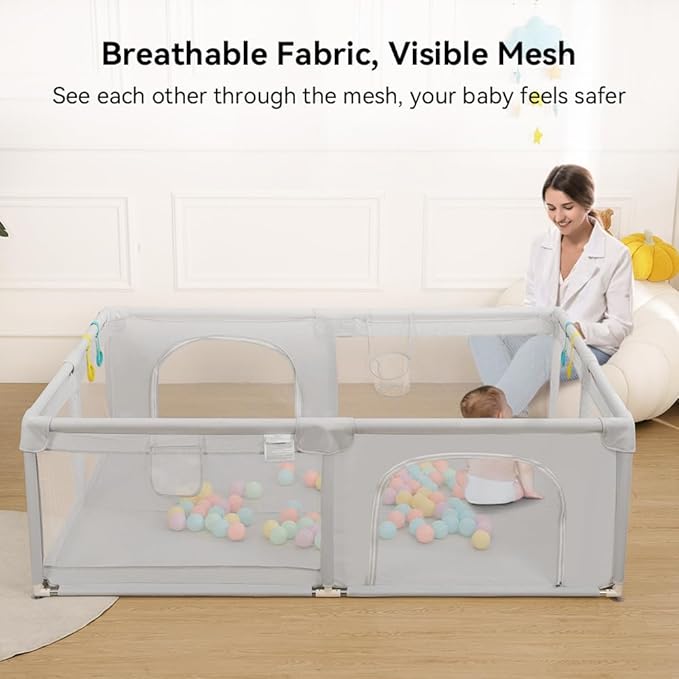 COMOMY Playpens for Babies and Toddlers, 79"x63" Baby Playard Extra Large, Safe and Non-Slip Baby Fence, Full Mesh Design, Indoor & Outdoor Kids Activity Center, Baby Play Pens (Beige)