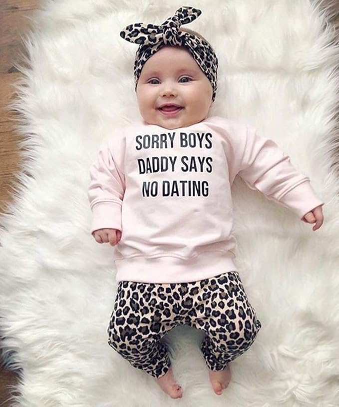 Madjtlqy Newborn Baby Girls Clothes Daddy Saying Top Printed T-Shirt Leopard Pants+Headband Sweatshirt Outfit Set