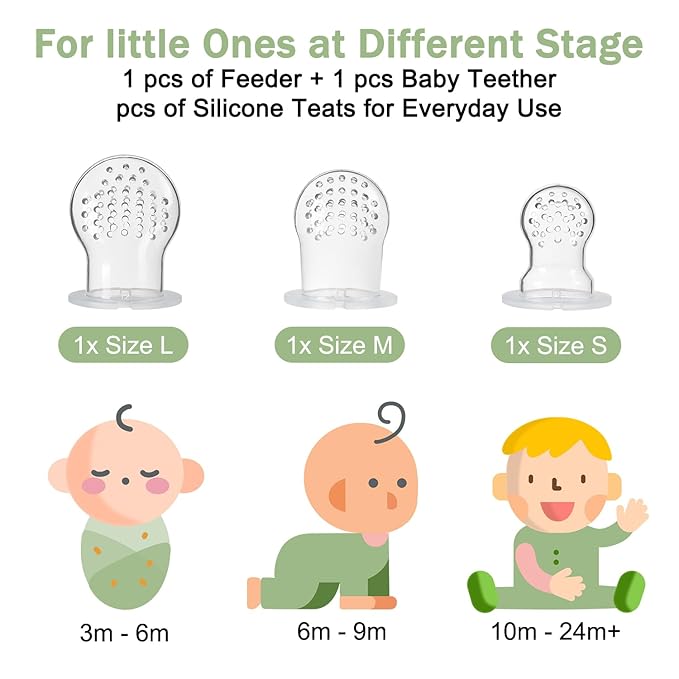 4 Pack Silicone Teething Mitten for Babies with Baby Fruit Food Feeder & Freezer Tray Set, BPA Free Infant Teething Relief Toy for 3 Month+, Additional Silicone Sacs