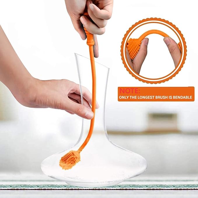 Silicone Bottle Brush Cleaner Set of 3,Long Handle Bottle Cleaning Brushes for Narrow Neck Containers, Water Bottles, Thermos, Hydro Flasks, Coffee Mugs,Baby Bottles (Orange Upgraded Version)