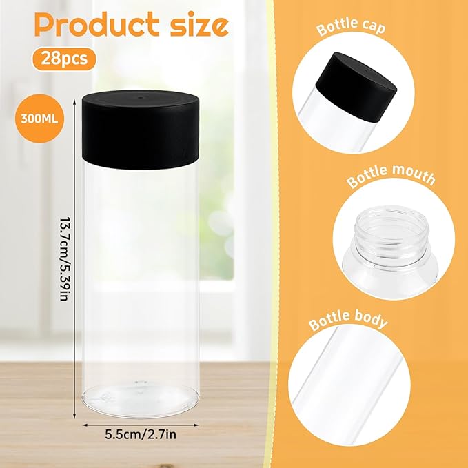 28 Pcs Empty Plastic Sensory Bottles with Lids, 10 oz/ 300 ml Leakproof Clear Reusable Bottles for Sensory Crafts Classroom Handmade Party Supply