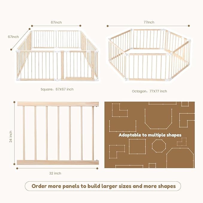 Wooden Playpen & Play Yards for Babies and Toddlers, 67 * 67inch Foldable Wood Baby Play Fence with Locking Gate, Kids Activity Area Center Indoor Outdoor, Pinewood