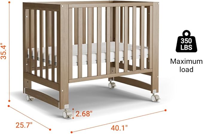 EvoNest Baby Crib, 6 in 1 Convertible Mini Crib with Wheels, 100% New Zealand Wood Growing Bed, 4 Adjustable Mattress Height,Walnut Brown