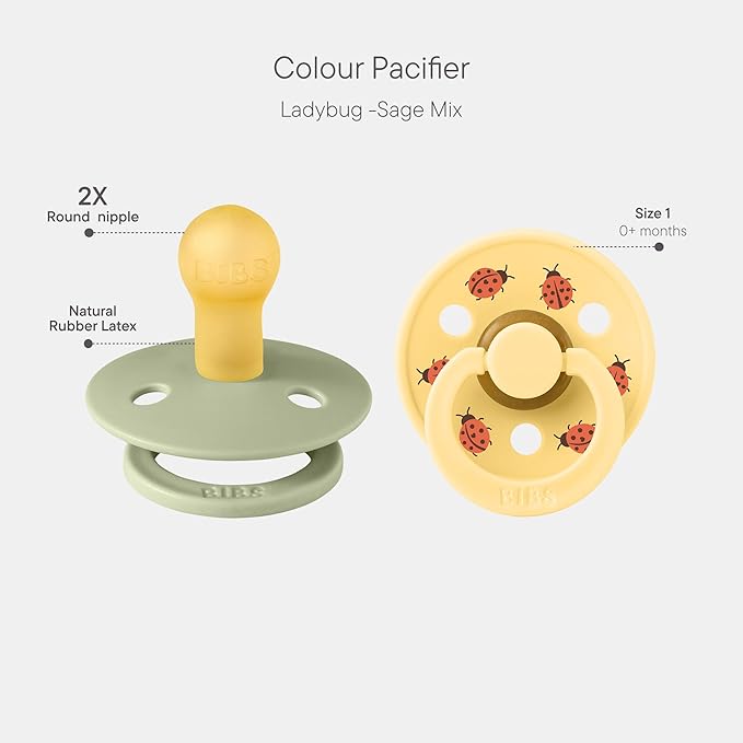 BIBS Colour Studio Soother 2-Pack, BPA Free Dummy Pacifier, Round Nipple. Natural Rubber Latex, Made in Denmark, Size 1 (0-6 Months), Sage/Pale Butter