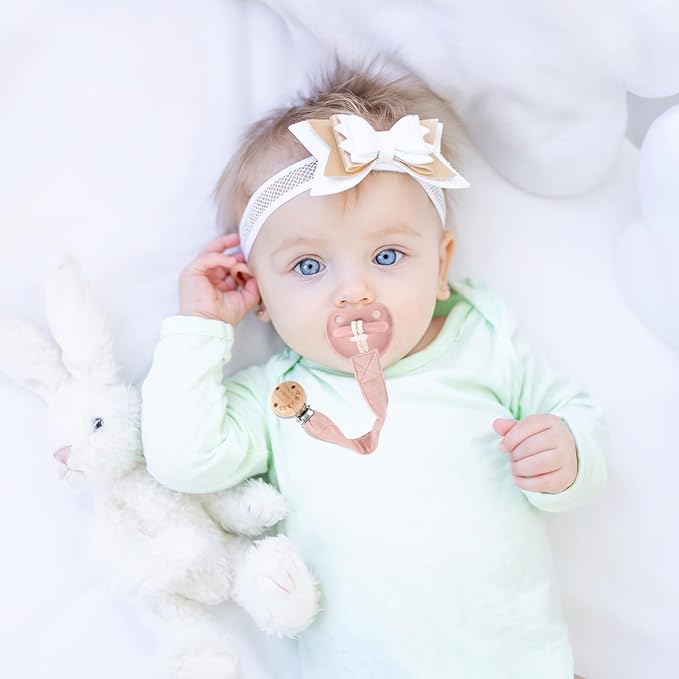 TYRY.HU Ribbon Pacifier Clip Holder,4 Pack Binky Paci Holder Clips, Pacifier Leash for Boys and Girls, Soft Webbing Strap Universal Fits for Most Pacifier, Styles & Teethers(Khaki,Grey,Blue,Pink)