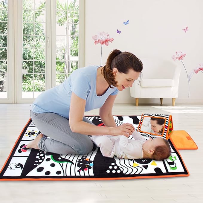 Tummy Time Toys,3-in-1 Tummy time Mat & Baby Mirror & Pillow- High Contrast Black and White Baby Toys for Early Education,Newborn Infant Activity Mat Set for 0 3 6 12 Month