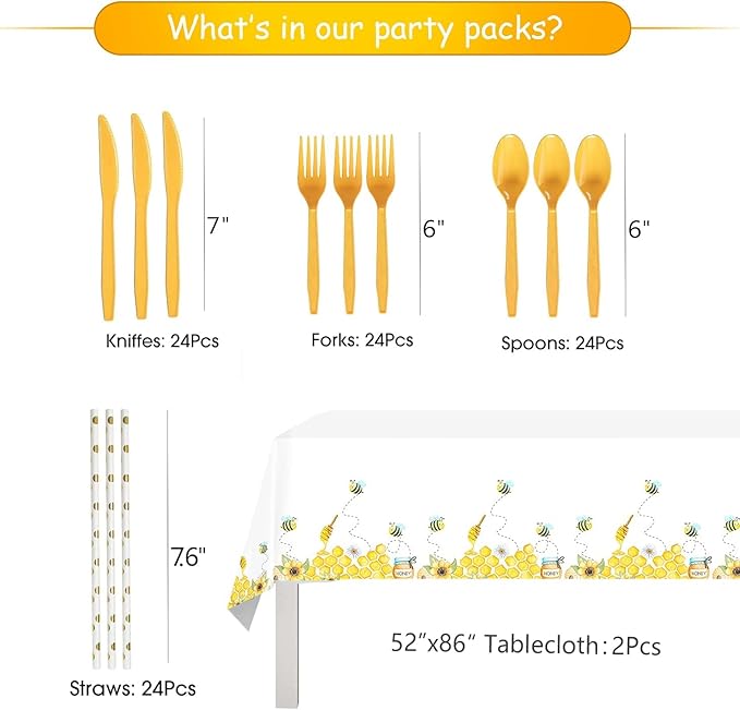 Bee Tableware - Bumble Bee Themed Party Supplies Include Plates, Cup, Napkin, Cutlery, Tablecloth, Straws, Gender Reveal Baby Shower Birthday Party Decorations | Serve 24