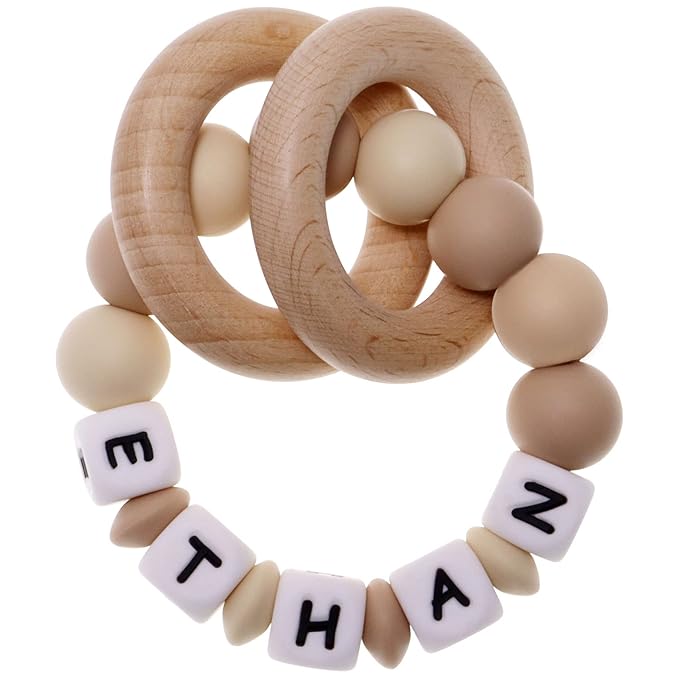 Personalized Teether Rattle Toy with Name,Custom Name Teething Ring for Boys Girls Baby Gift