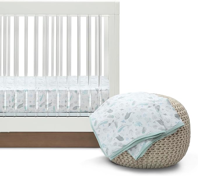 Delta Children 100% Organic Cotton Fitted Crib Sheets, Sea Life + 100% Organic Jersey Cotton Baby Receiving Blankets – 30x40 Inches, GOTS Certified (Pack of 2) (Bundle)