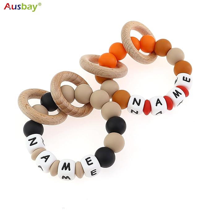 Personalized Baby Rattle and Teether Ring Toy for Boys and Girls Gift,Custom Name Rattle Toy Newborn Teether Ring (Oatmeal)
