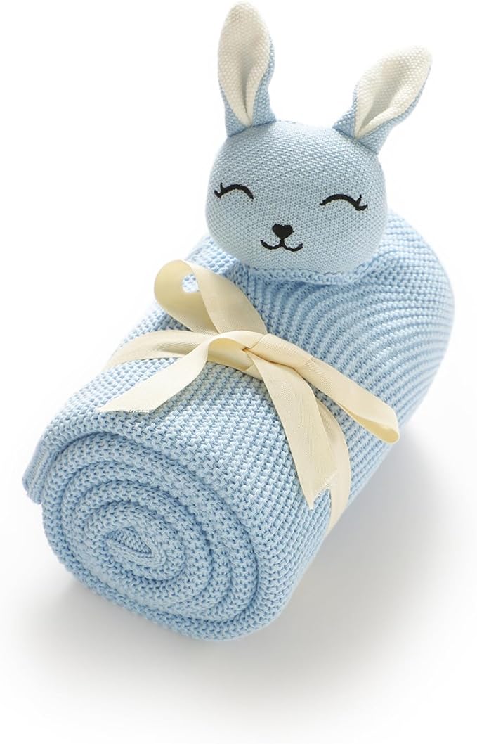 LAWKUL Bunny Lovey Baby Blanket Soft Plush Security Blanket Knit Snuggle Comfort for Newborns Toddlers Boy Girl Blue 40x30in