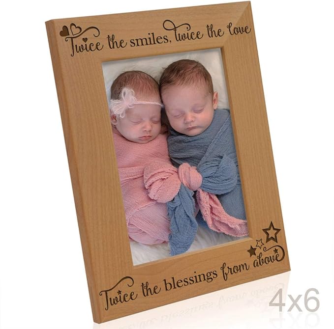 KATE POSH - Twice The Smiles, Twice The Love, Twice The Blessings from Above - Engraved Natural Wood Picture Frame - Twins Photo Frame, Twins Gifts for Babies, Twins Gifts for mom (4x6-Vertical)
