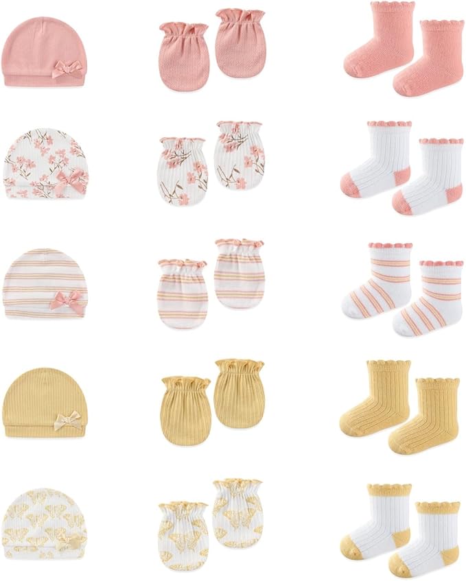 15 Pack Infant Hats Gloves Socks Unisex Baby Boy Girl Accessories Set Cotton New Born Caps Mittens