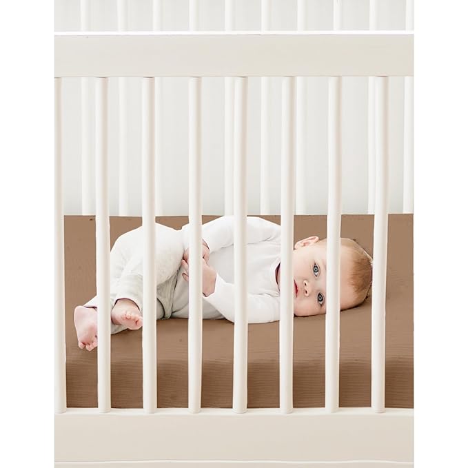 Konssy Muslin Mini Crib Sheets, 100% Soft Cotton Pack and Play Sheets for Pack N Play Mattress, Playard Baby Crib Sheets for Baby Girls(Brown, Cream)