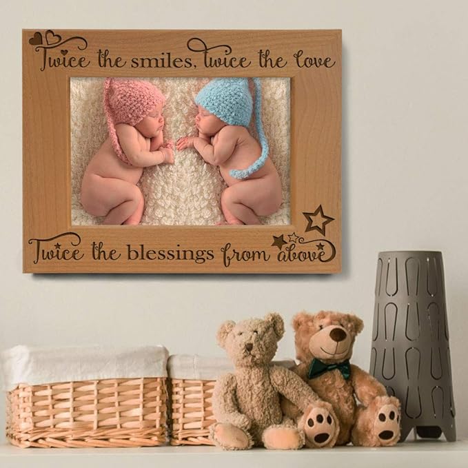KATE POSH - Twice The Smiles, Twice The Love, Twice The Blessings from Above - Engraved Natural Wood Photo Frame - Twins Picture Frame, Twins Gifts for Babies, Twins Gifts for mom (5x7-Horizontal)