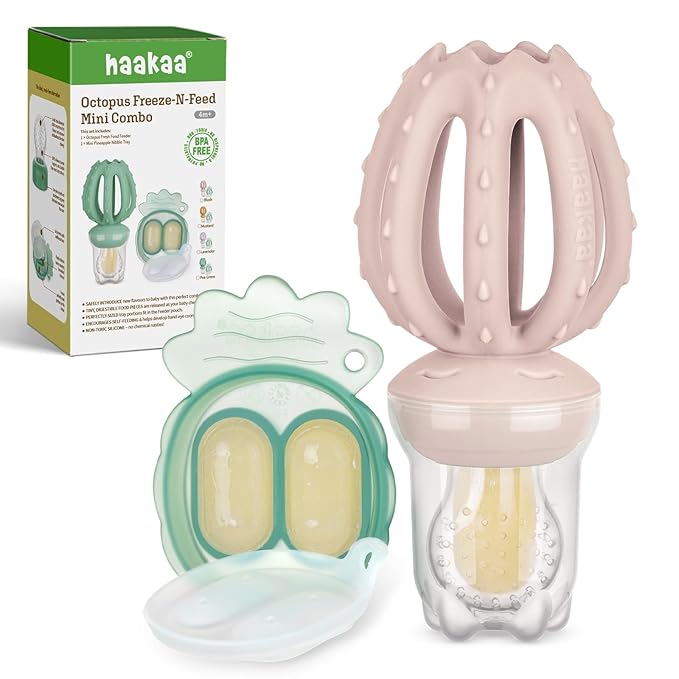 Haakaa Octopus Baby Fruit Food Feeder & Mini Freezer Nibble Tray Combo, Breastmilk Popsicle Molds for Cooling Relief, BPA Free Silicone Feeder for Safe Infant Self Feeding, 4 Month+(Blush)