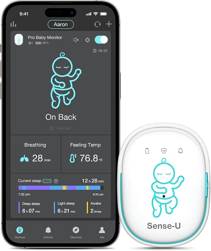 Sense-U Smart Baby Monitor Pro with Arousal Vibration, Audible and App Alerts: Tracks Abdominal Movement, Rollover, Feeling Temperature, Portable & Wearable Smart Sleep Monitor, Green