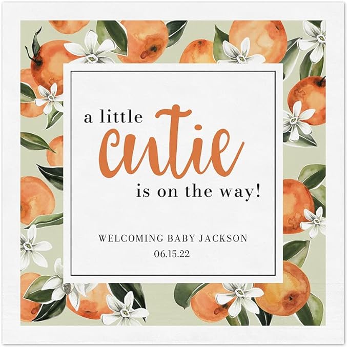 Little Cutie Personalized Baby Shower Napkins / 100 Clementine 4 3/4" x 4 3/4" Beverage Napkins/Gender Neutral Baby Citrus Party Napkins/Made In The USA
