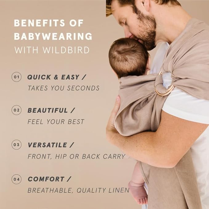 WildBird - Ring Sling Baby Carrier - Newborn to Up to 35 lbs - for Moms, Dads & Caregivers - 100% Natural Belgian Linen Fibers - Versatile & Adjustable - 90” Size - Desert Lark Fabric & Bronze Ring