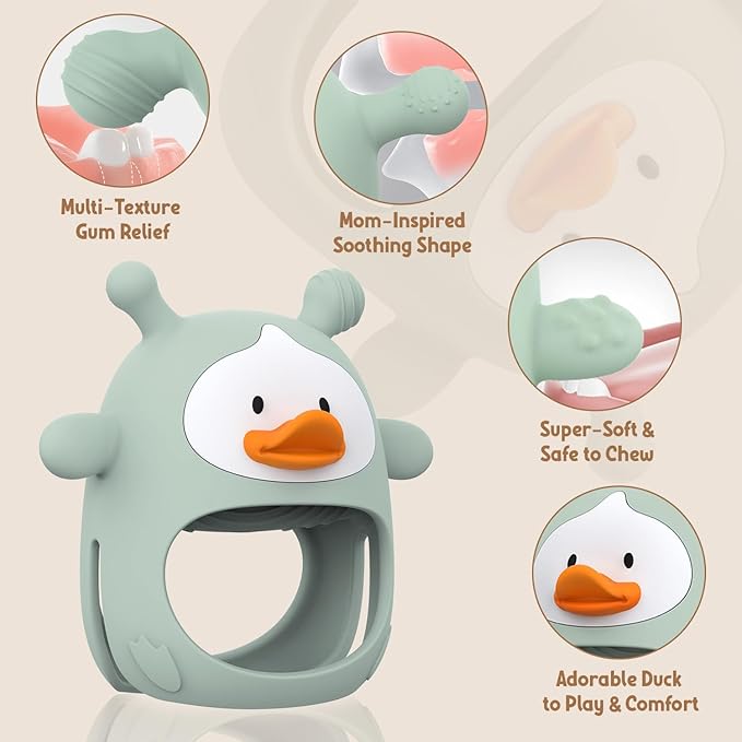2 Packs Baby Teething Toys for 3-6 6-12 Months, Food Grade Silicone Teething Mitten, Anti Dropping Wrist Hand Teethers, Never Drop Baby Chew Toys for Sucking Needs, BPA Free (Nude & Green)