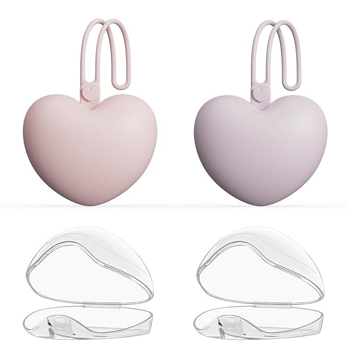 4pcs Pacifier Holder Case Set, 2pcs Silicone Portable Pacifier Pouch and 2pcs Transparent Pacifier Storage Container, Cute Heart Shape Pacifier Storage Case for Newborn Baby(Pink+Purple)