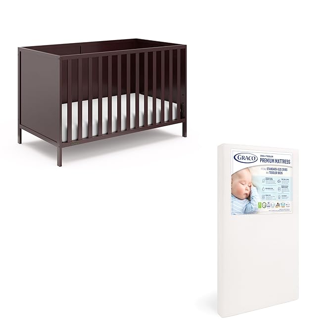 Graco Theo Crib and Mattress Nursery Essentials Pack (Espresso) – GREENGUARD Gold Certified Baby Crib & Crib Mattress, Cribs with Mattress Included, Convertible Crib, Baby Mattresses for Crib