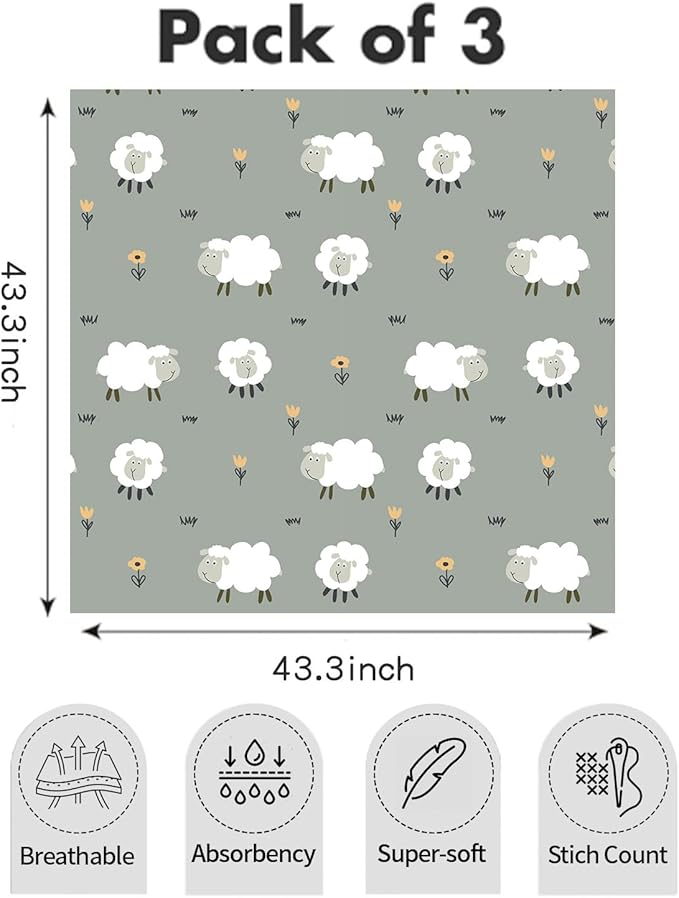 Muslin Swaddle Blankets for Baby Boys and Girls,3 Pack Breathable Soft Receiving Blanket,Large 43.3X 43.3 inches,Newborn Essentials Must Haves(Animal)