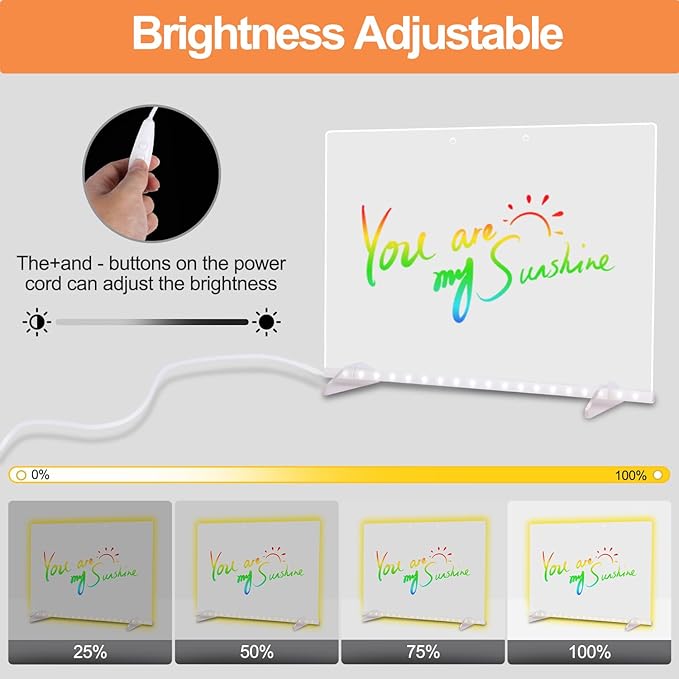 LED Note Board with Colors, 13.7"X10" 4 Modes & 7 Colors Acrylic Dry Erase Board with Light, Include Adapter, Hanging Chain, Led Drawing Board for Kids with Stand, 7 Markers, Spray Bottle 