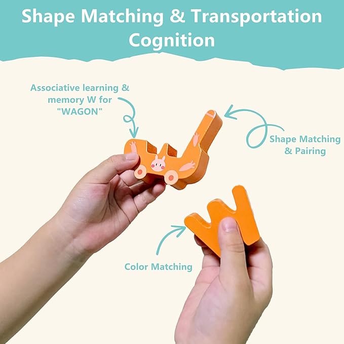 52 Pieces Wooden Alphabet Transportation Puzzle for Kids Ages 3+, ABC Learning Toys with Vehicles, Montessori Educational Toy for Toddlers, CPC Certified Alphabet Blocks for Boys and Girls
