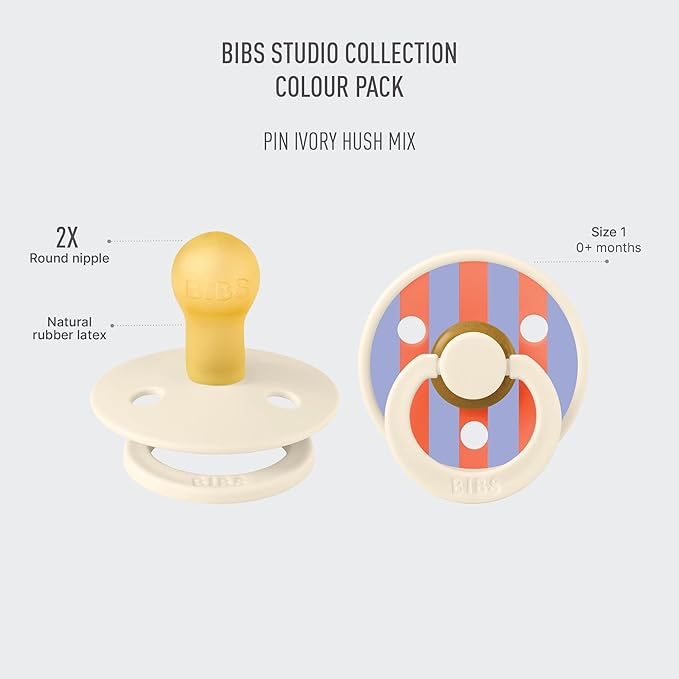 BIBS Pacifiers - Colour Studio 2 Pack | Round Nipple Baby Pacifier | BPA Free Natural Rubber Latex Soother | Made in Denmark | Size 0+ Months | Pin Ivory Hush