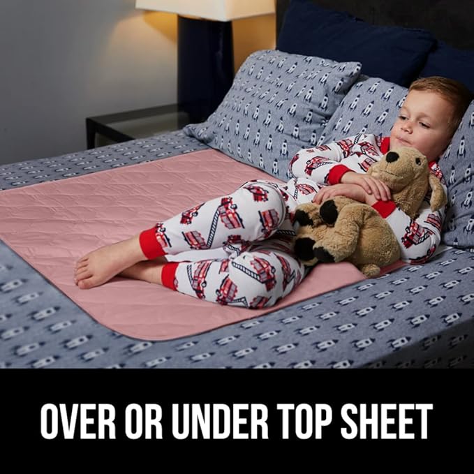 GORILLA GRIP Washable Toddler Mattress Incontinence Pads, Waterproof Bed Underpads, Absorbent Leak Proof, 34x36+19in Wings, 2 Pack Slip Resistant Pad Absorbs 8 Cups for Bedwetting Adults Kids, Pink