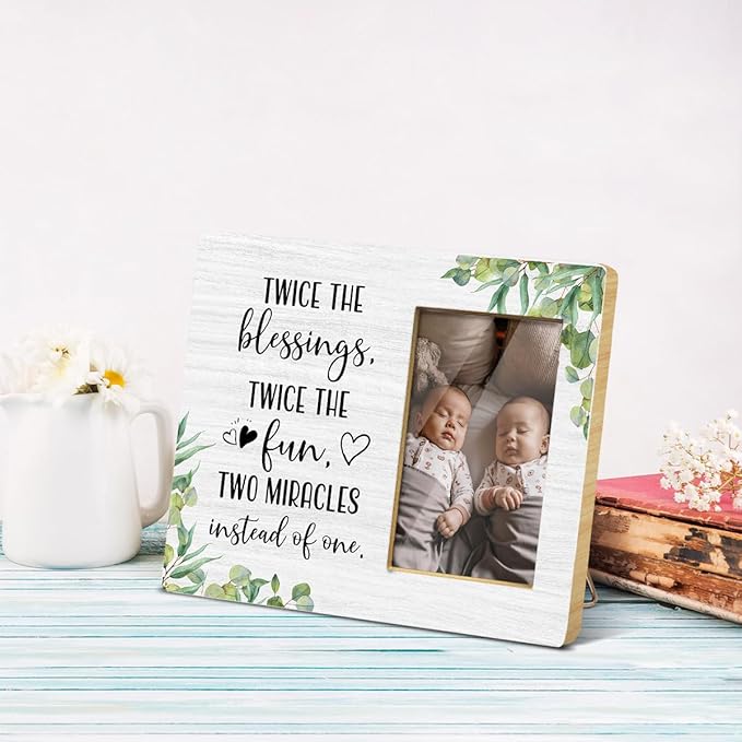 JioJio Chan Twins Picture Frame - 4 x 6 Inch Photo - Twice The Blessings Twice The Fun Twins Baby Items Gift For Boy girls Babies Mom Pregnancy Announcement Birthday Christmas
