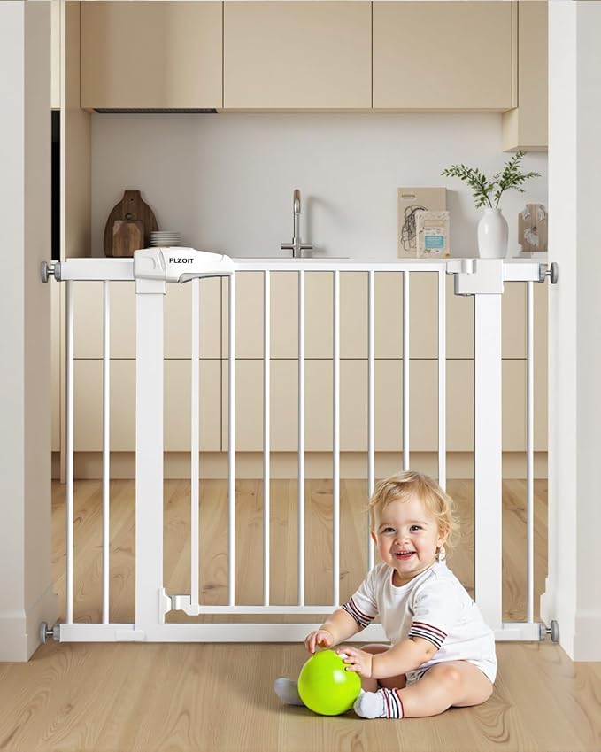 Baby Gate for Stairs, 29.5-40.5" Dog Gate for Doorways, Walk Thru Auto Close Metal Child Gate for The House, Stairs and Doorways, Pressure Mounted Pet Gate for Dog Indoor (White)