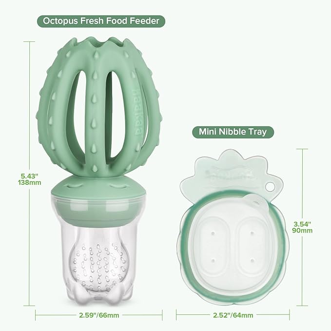 Haakaa Octopus Baby Fruit Food Feeder & Mini Freezer Nibble Tray Combo, Breastmilk Popsicle Molds for Cooling Relief, BPA Free Silicone Feeder for Safe Infant Self Feeding, 4 Month+(Pea Green)
