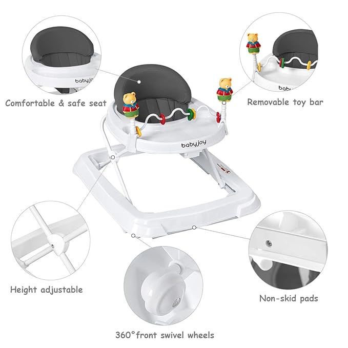 BABY JOY Baby Walker, Foldable Activity Walker with Adjustable Height, Large Tray & Removable Toys, Baby Walker with Wheels for Boys Girls 6-18 Months (Gray)