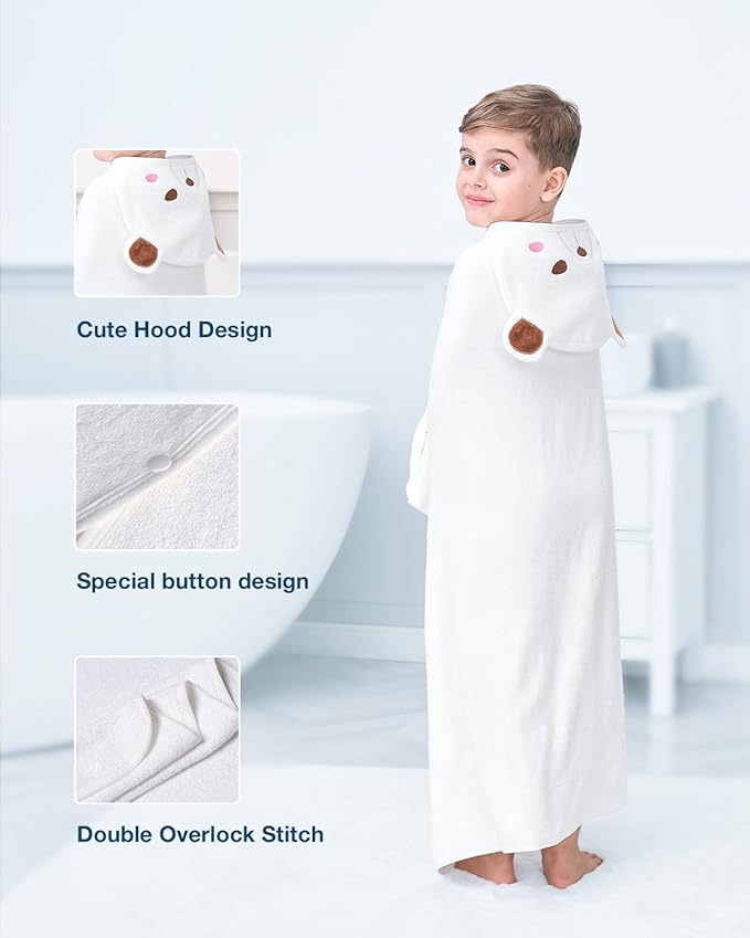 ZIONOR Hooded Bath Towel for Kids - 50''L x 35''W Extra-Large Hooded Towels for Big Kids 6-10, Kids Beach Towels Made from Bamboo Rayon, Suitable for Bath, Pool, Beach(White Bear)